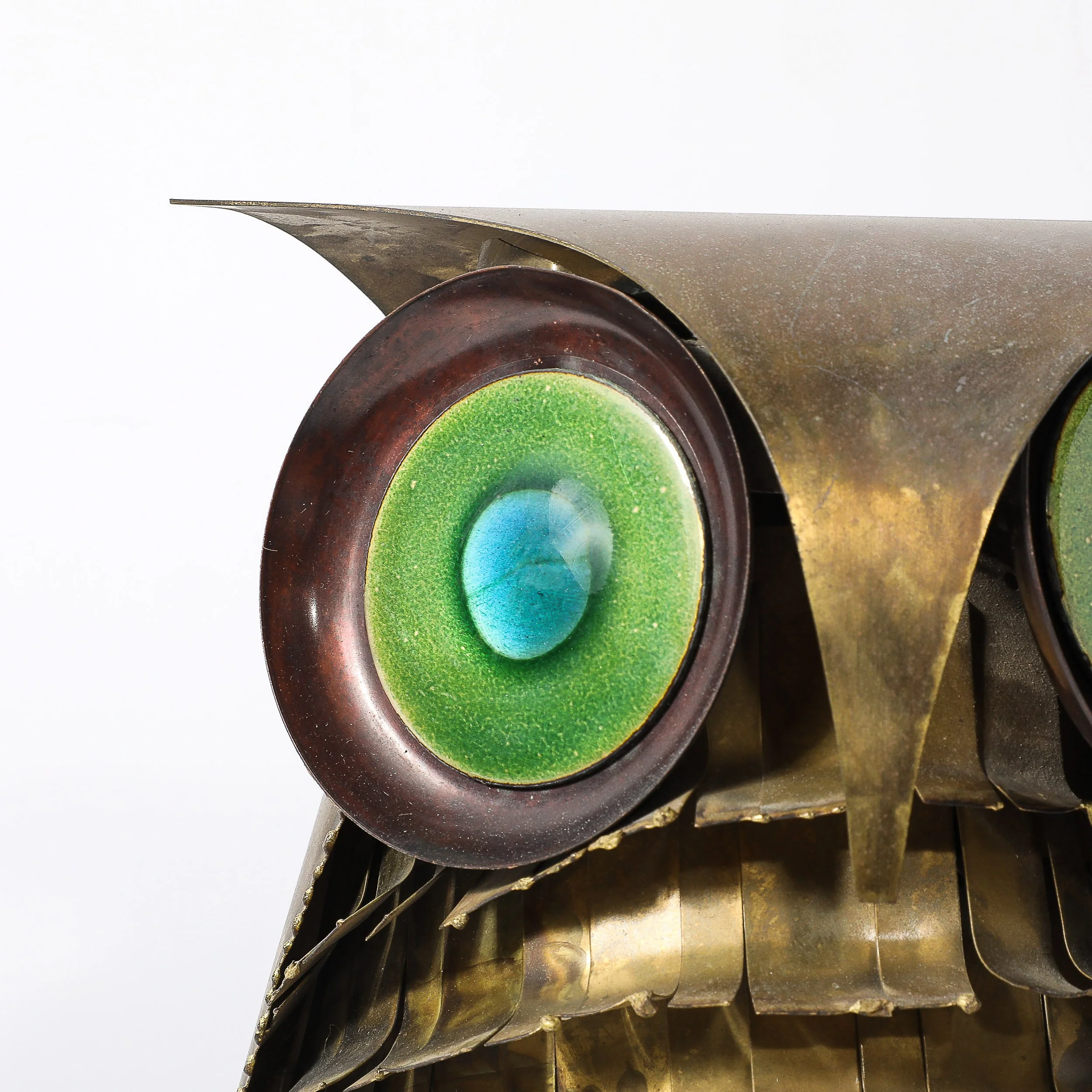 Mid-Century Antiqued Brass & Glass Owl Sculpture signed Curtis